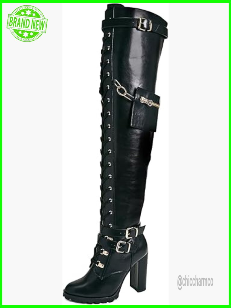 Wide Calf Thigh High Boots Chunky Heel Over The Knee Lace Up Combat Boots Side